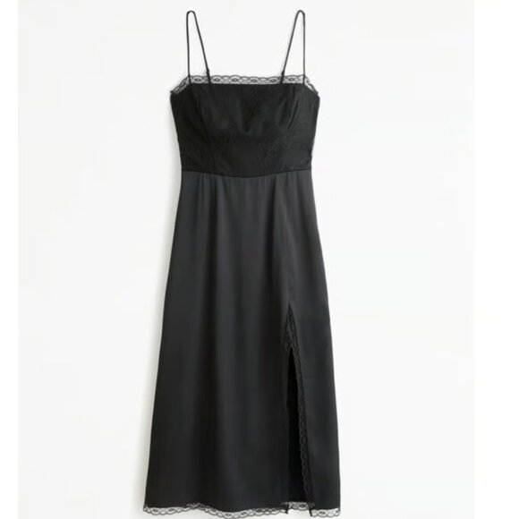 Abercrombie and Fitch Satin High Slit Lace Midi Dress Black Size Large - Picture 1 of 11